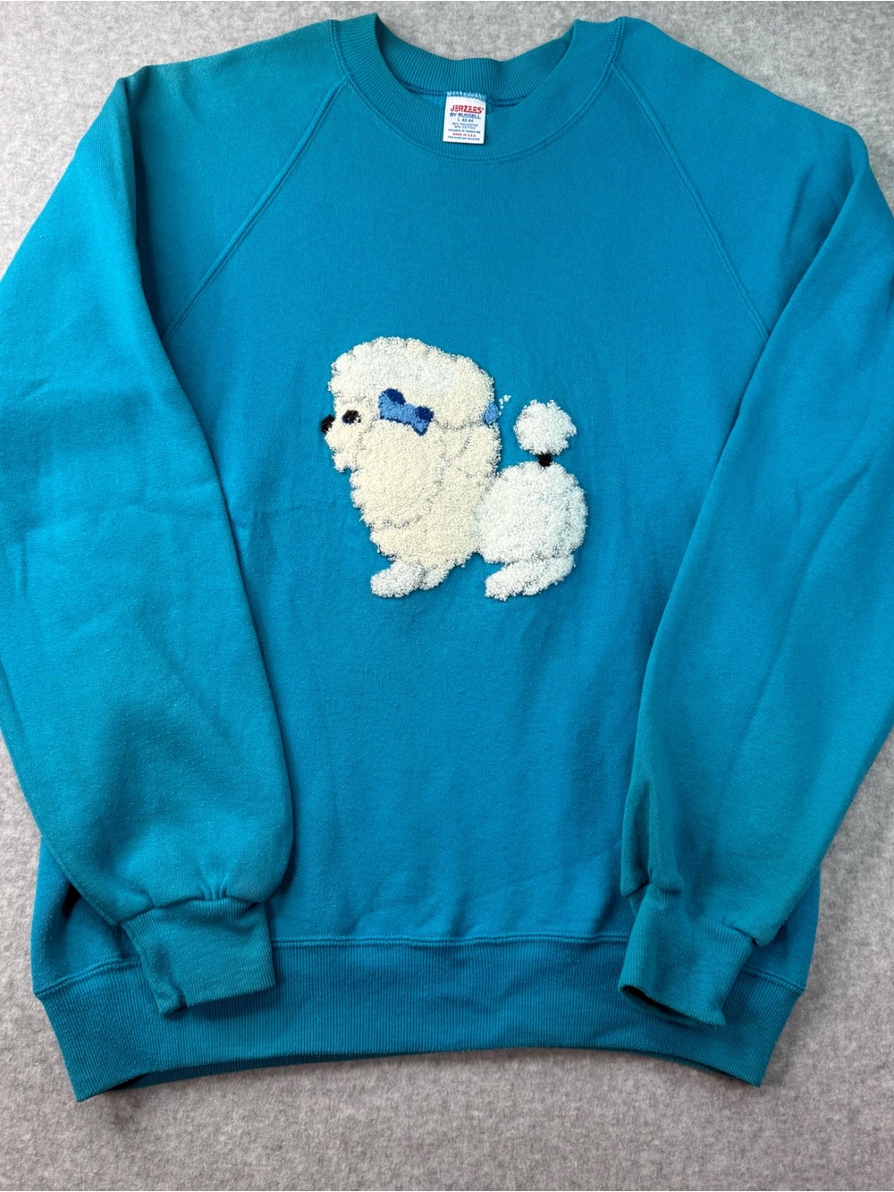 Vintage Granny poodle Jerzees Teal Blue Crewneck Sweatshirt Size L